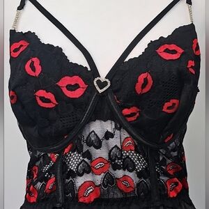 Red Kisses Black Bustier Open Side Nightie w Faux Gold Pearl & Crystal Sexy Side